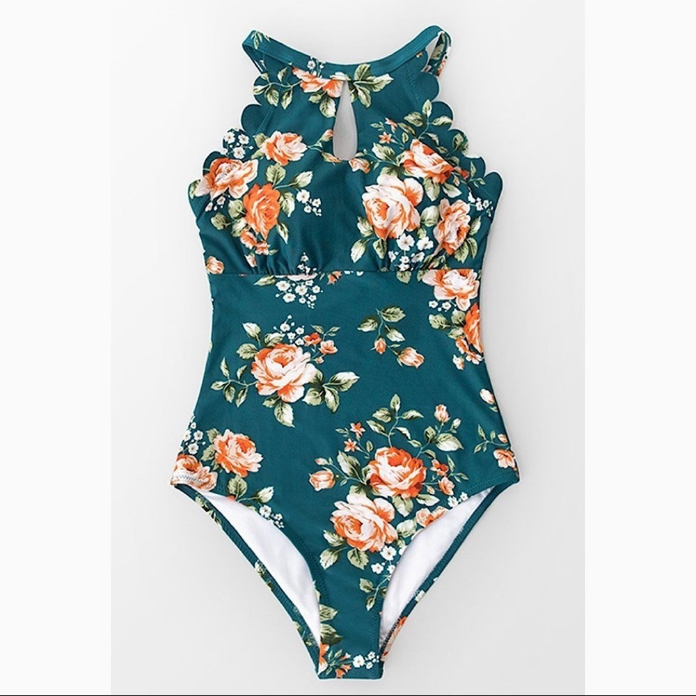 NEW Cupshe Teal Floral Scalloped One Piece Swimsuit Size XL - Picture 5 of 7